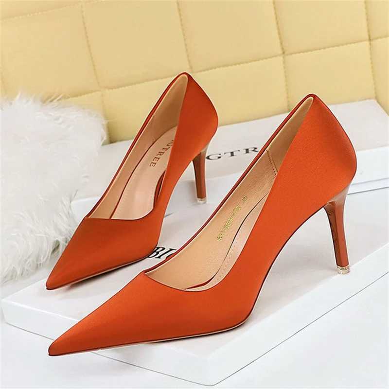 New Arrival BIGTREE Spring Fashion Simple Matching High Heels Ultra Thin High Heels Shallow Mouth Pointed Party Striptease Satin Womens Sngle Shoes T2
