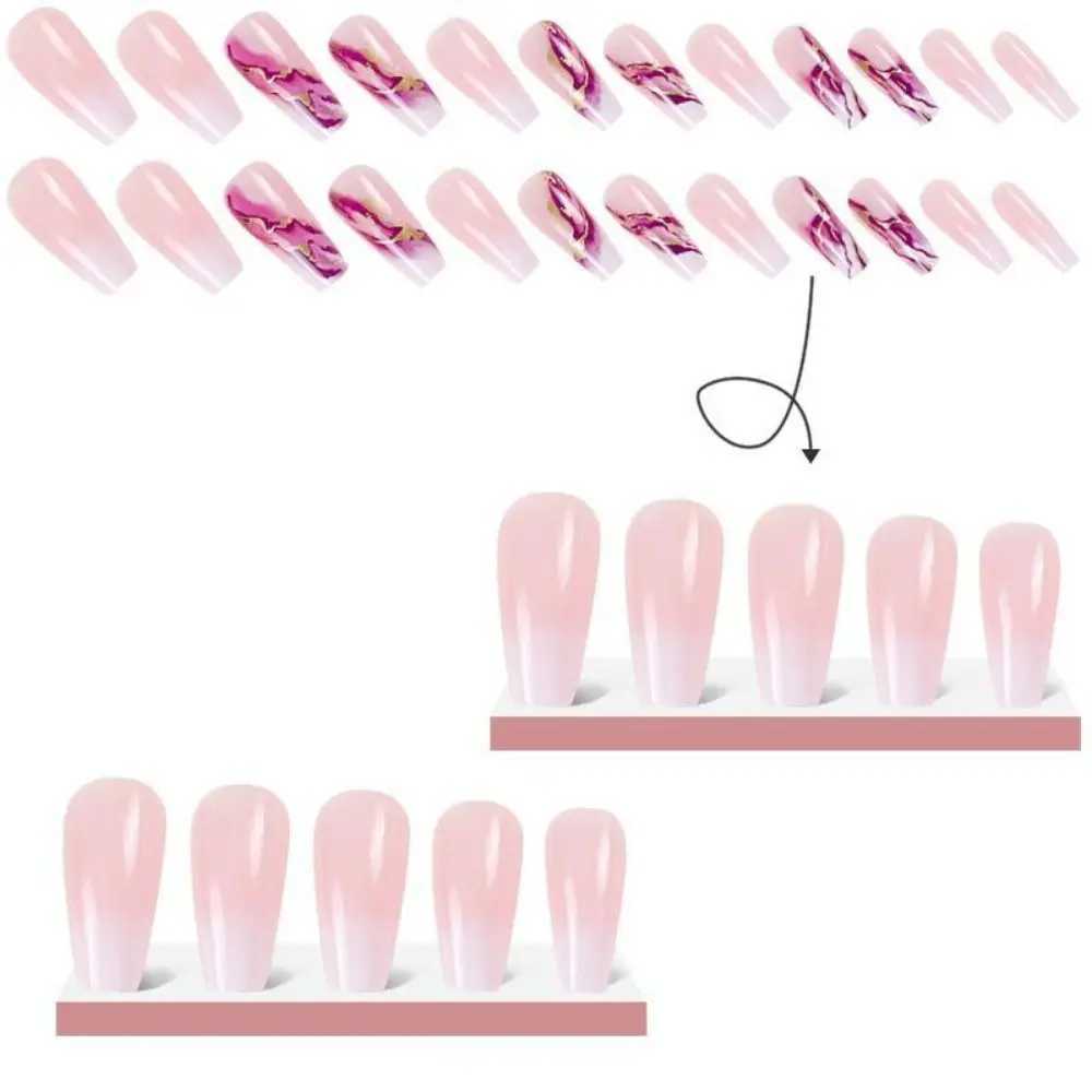 Unique Halo Staining Purple Gold Lines T-shape Nail Tips Square Head French Fake Nails Medium Length Ballerina False NailXJ250110