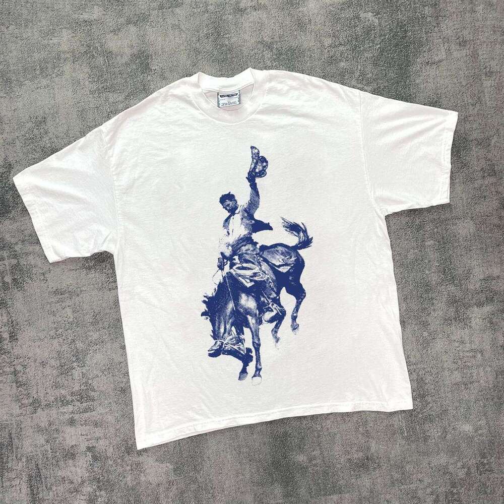 Summer small neckline American vintage hand-painted printed short T-shirt, street trend versatile, genderless half sleeved