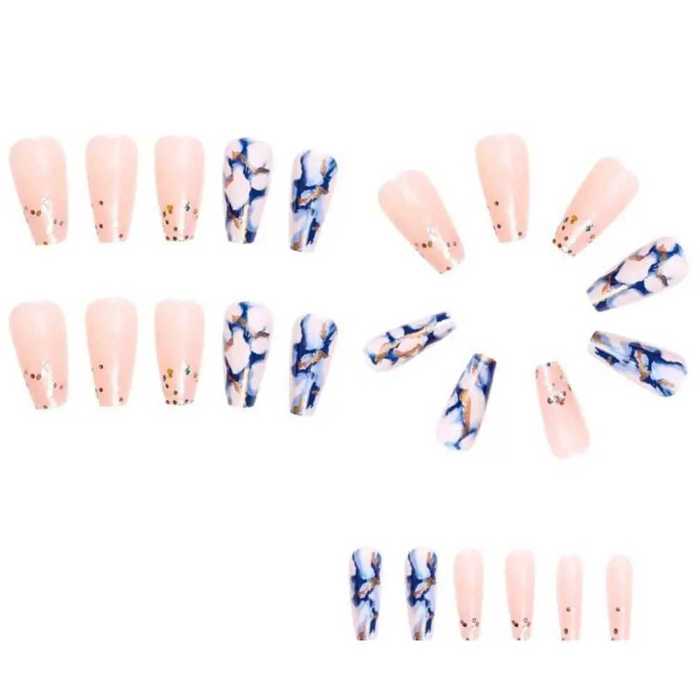 Unique Halo Staining Purple Gold Lines T-shape Nail Tips Square Head French Fake Nails Medium Length Ballerina False NailXJ250110