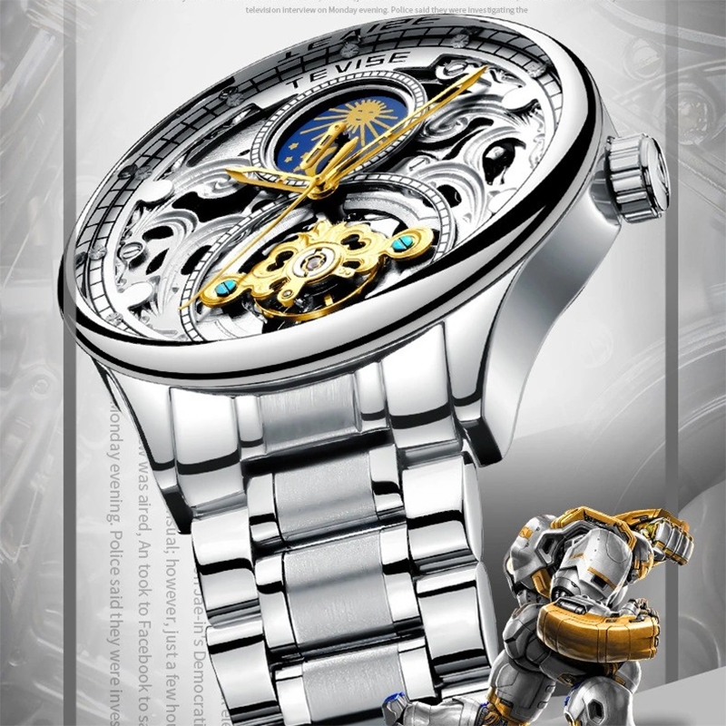 TEVISE Automatic Mechanical Watch Hollowed out Mens Watch with Moon Phase Tourbillon Casual Stainless Steel Strap and Waterproof Function T051-T820A s