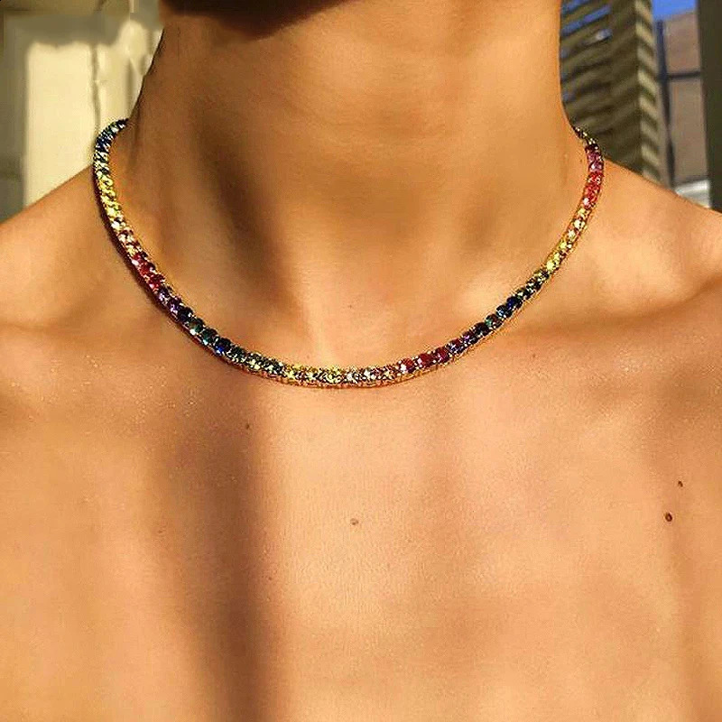 High Quality Rainbow Full 4mm Cz Paved Tennis Chain Choker Necklaces For Women Charm Gold Color Hip Hop Fashion Wedding Jewelry 250107