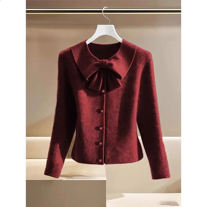 Women Knitwear Temperament Slim Bow O-neck Sweaters Autumn Winter Elegant Thick Warm Solid Knitted Cardigan 250106