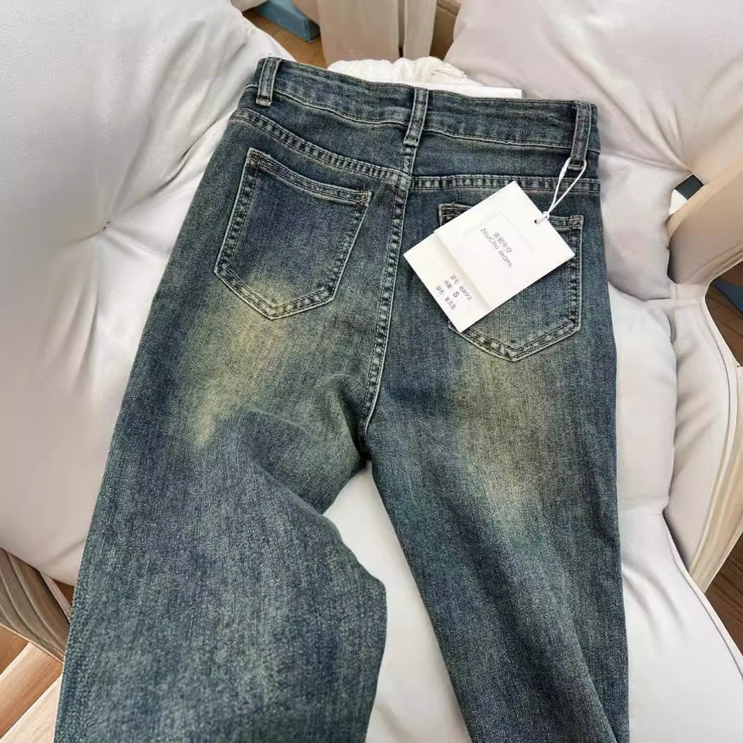 2025S designer micro jeans for women in spring washed worn slim fit flared and floor length pants