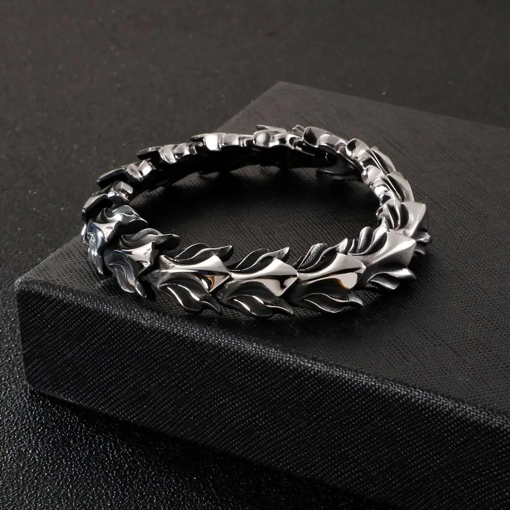 Fongten 17mm wide dragon chain bracelet mens stainless steel charm mens bracelet antique silver jewelry 250109