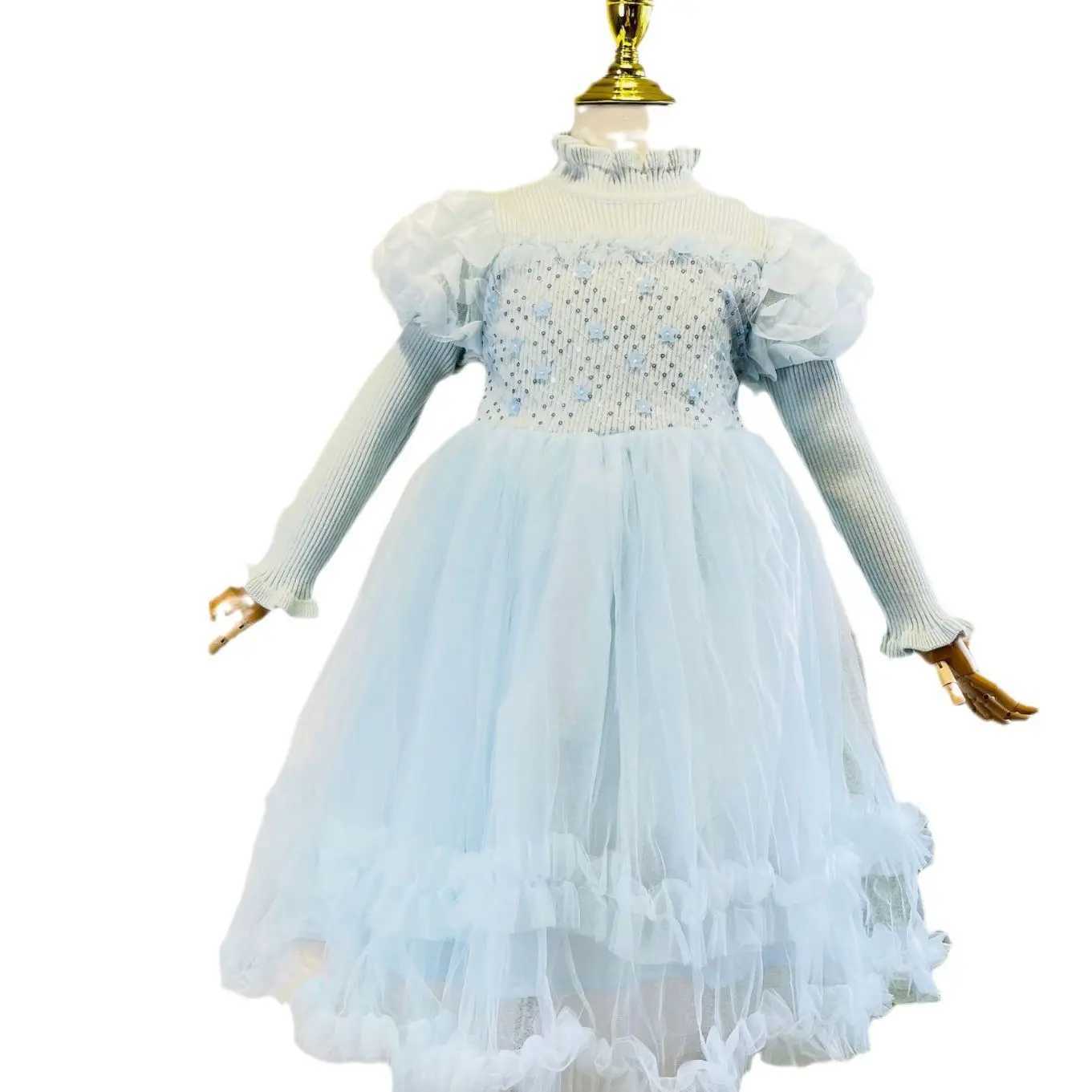 Spring and autumn childrens puff dress with patchwork lace collar and cuffs childrens girls frog sequins breathable mesh baby girls princess dress W25