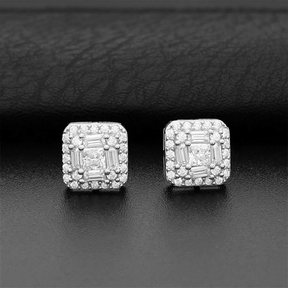 Square S925 VVS Moissanite Earrings Men Hiphop 925 Sterling Silver Baguette Moissanite Stud Earrings with GRA Certificate