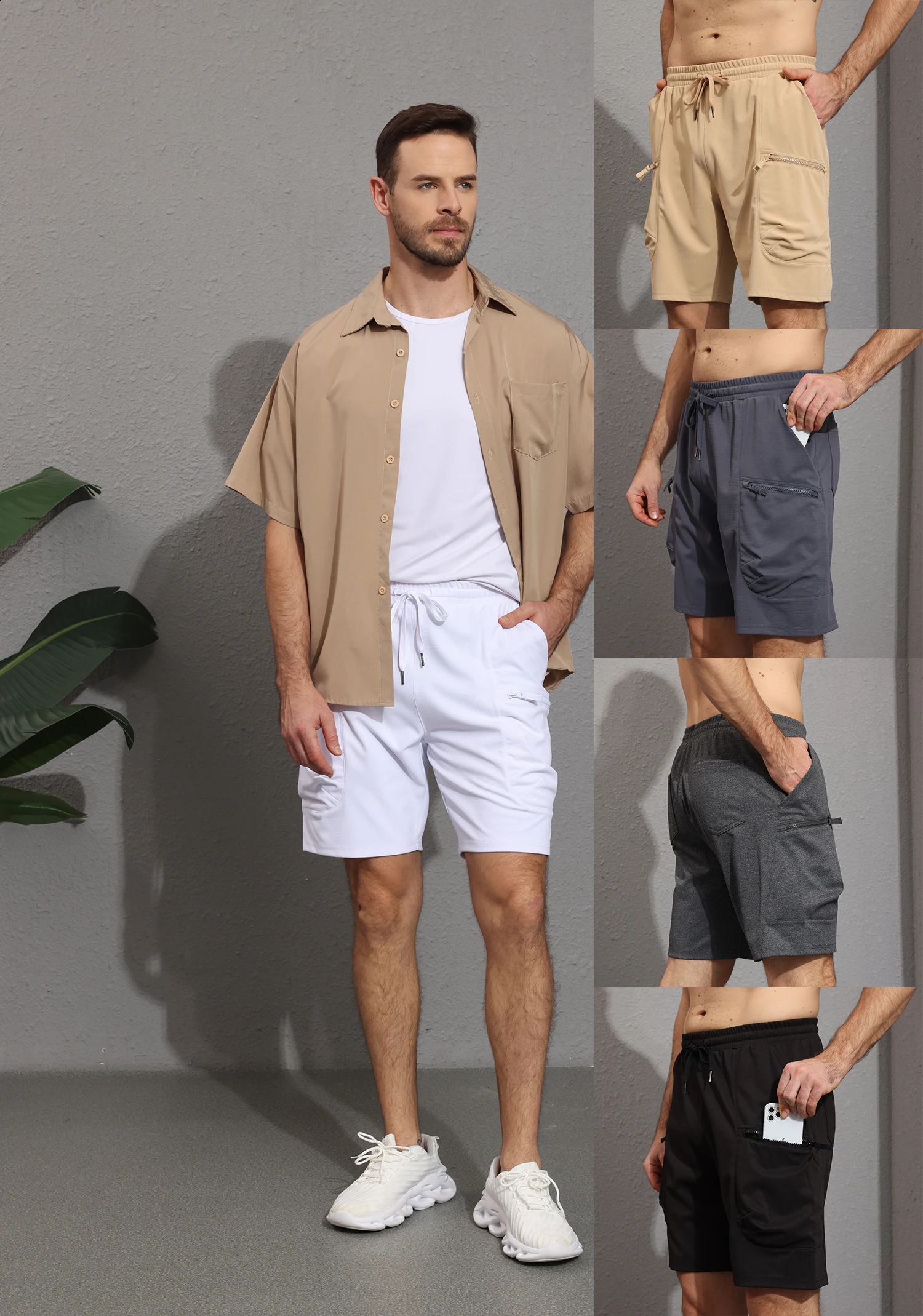 Summer Men Knit Plaid Cargo Shorts Sport Tactical Running Pants with Elastic Belt Zip Pockets 250108