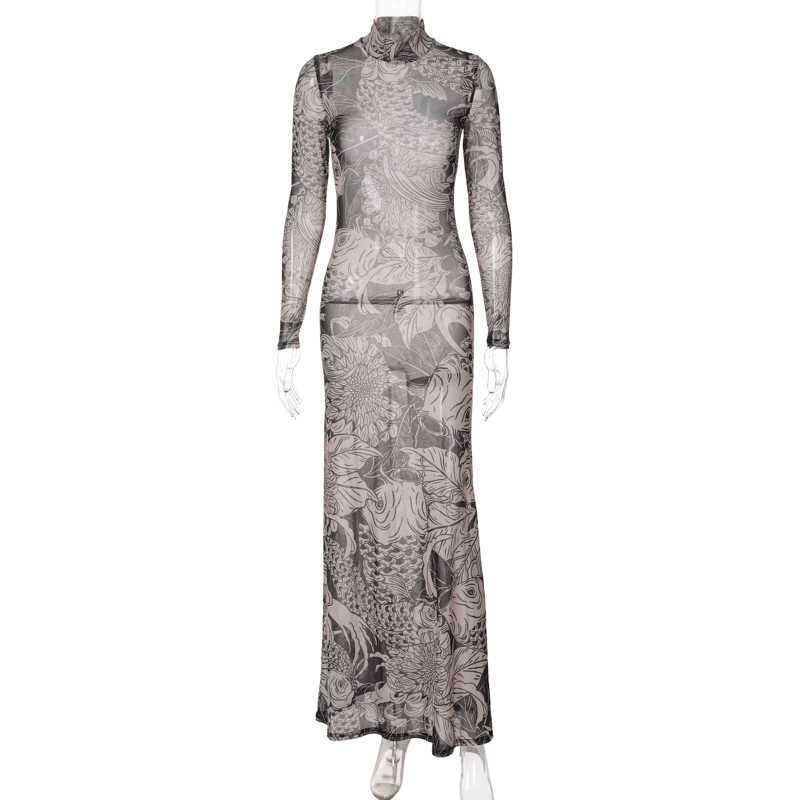 Hawthaw Women 2023 Autumn Winter Long Sleeve Mesh See Through Streetwear Bodycon Long Dress Wholesale Items For Business