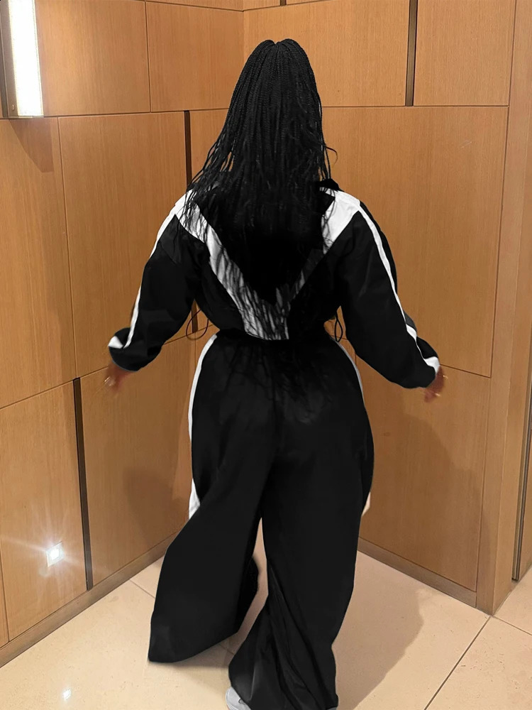 Color Contrast Women Sets Loose Casual Zip Up Jacket with High Waist Drawstring Wide Leg Pants Suit Street Sweatsuit 2 Piece Set 250109