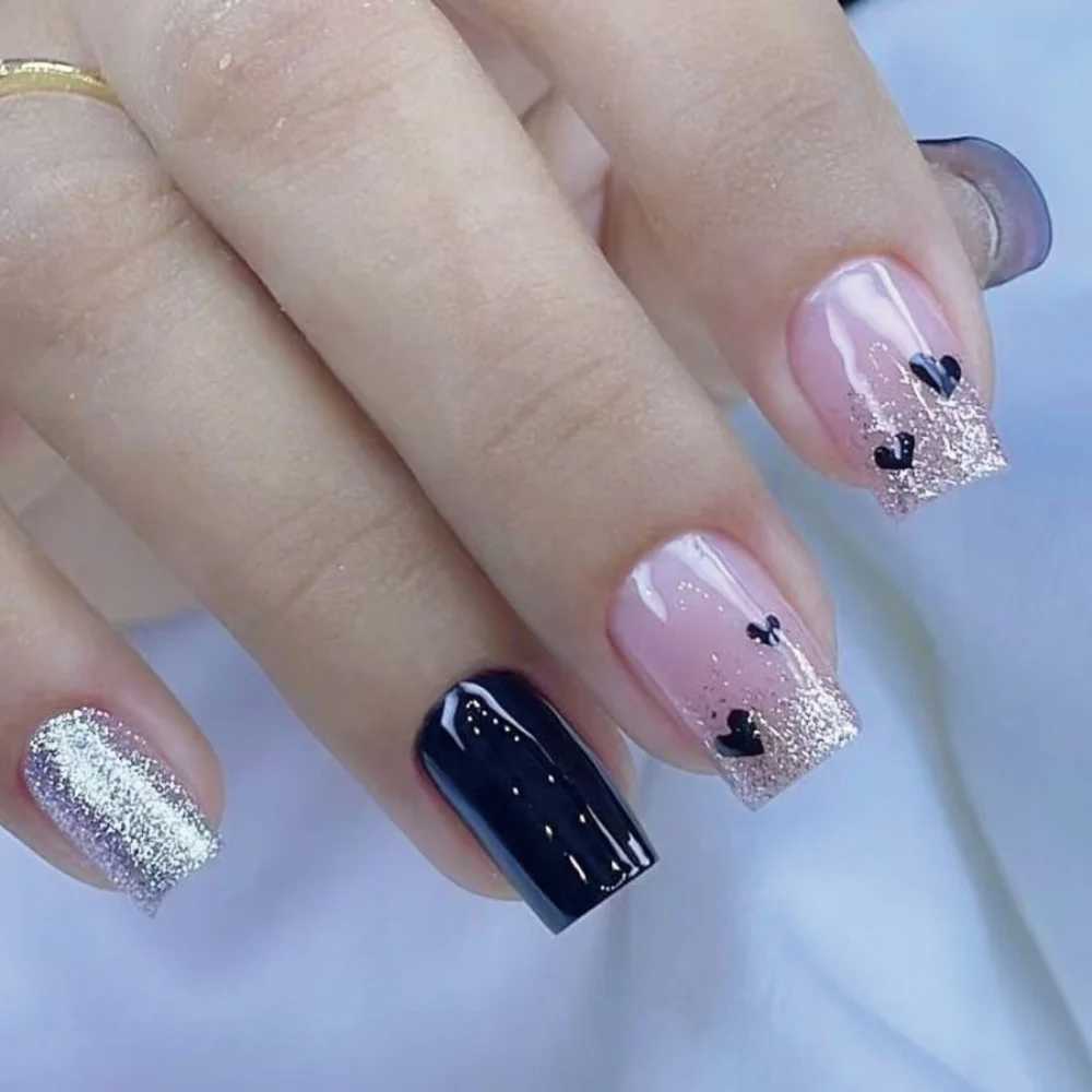 24pcs Pink Short Square Fake Nail Art Design Leopard Print French False Nail Wearable Simple Bow Stick on Press on Nails TipsXJ250110