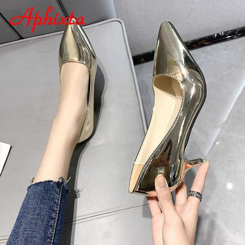 New Arrival Aphixta 5.5cm High Heels Womens Pump Shoes Fashion Pointed Toe Bling Golden Leather Sexy Party Official Shoes Womens Large Size 49 50 T250