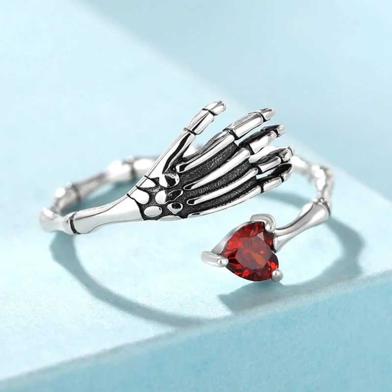 Huitan Hand and Red Heart CZ Open Ring 925 Pure Silver Unique Warm and Meaningful Accessories Womens Exquisite Party Jewelry W250111