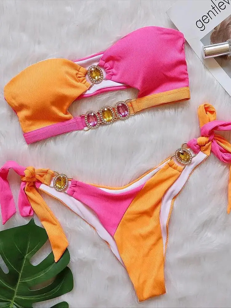 sexy rhinestone Brazilian bikini womens swimsuit crystal swimsuit Bandeau bikini thong Biquini swimsuit beachwear 250109