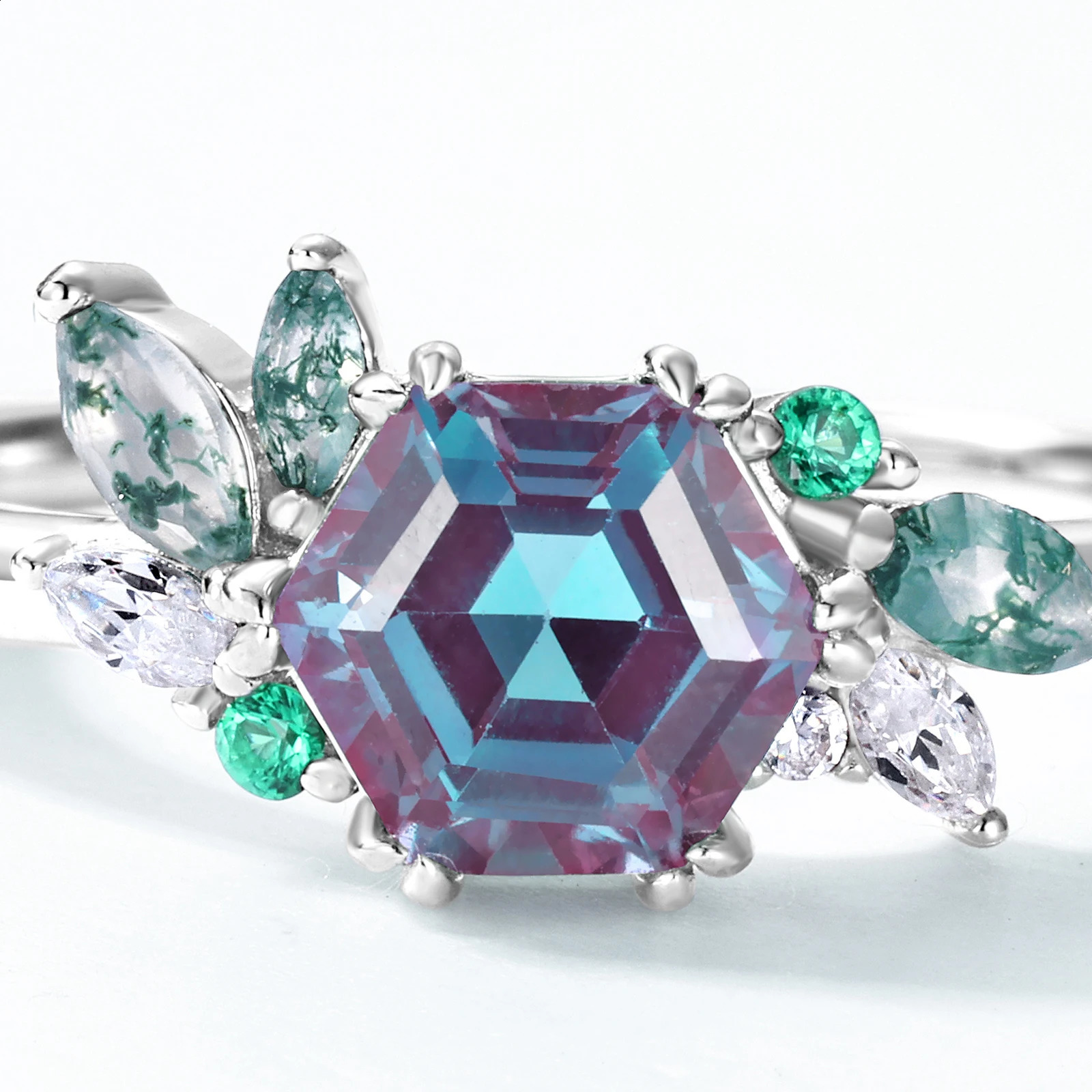 ALLNOEL 1.1ct Alexandrite Rings For Women 925 Silver Moss Agate Gemstone Flower Cluster Anniversary Gifts Elegant Jewelry 250106