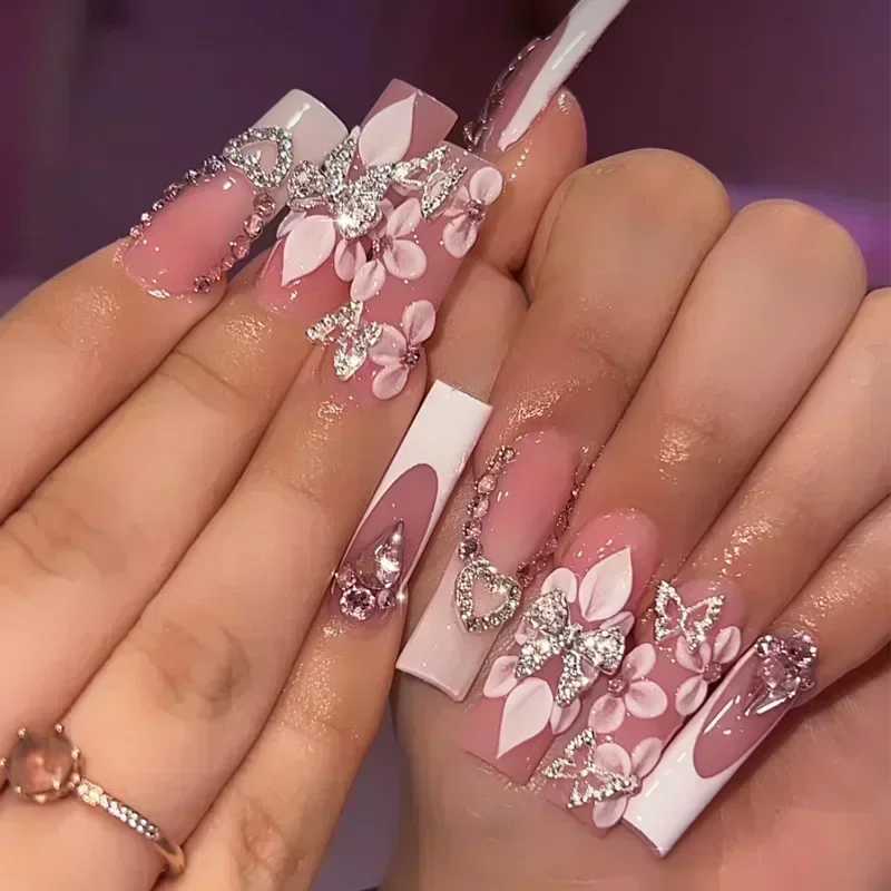 24Pcs White French False Nails Long Coffin Flower Butterfly with Rhinestones French Design Wearable Fake Nails Press on NailsXJ250110