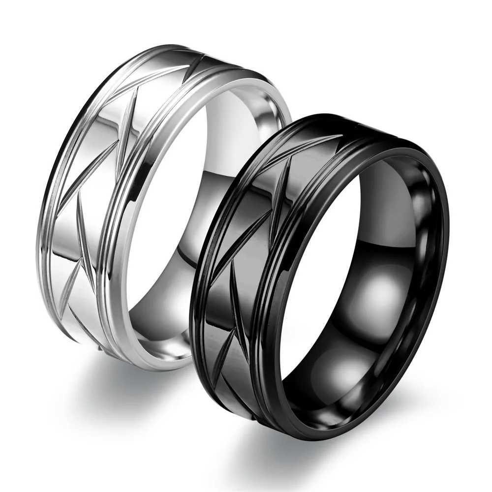 Mens silver black stainless steel ring groove multi sided ring womens engagement ring anniversary gift W250111