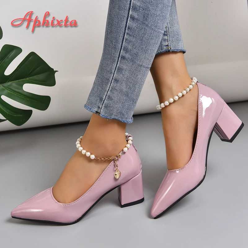 New Arrival Aphixta 5cm 7cm Thick High Heels Womens Pump Crystal Pearl Chain Ankle Lace Casual Shoes Fashion Patent Leather Plus Size 30-50 T250110