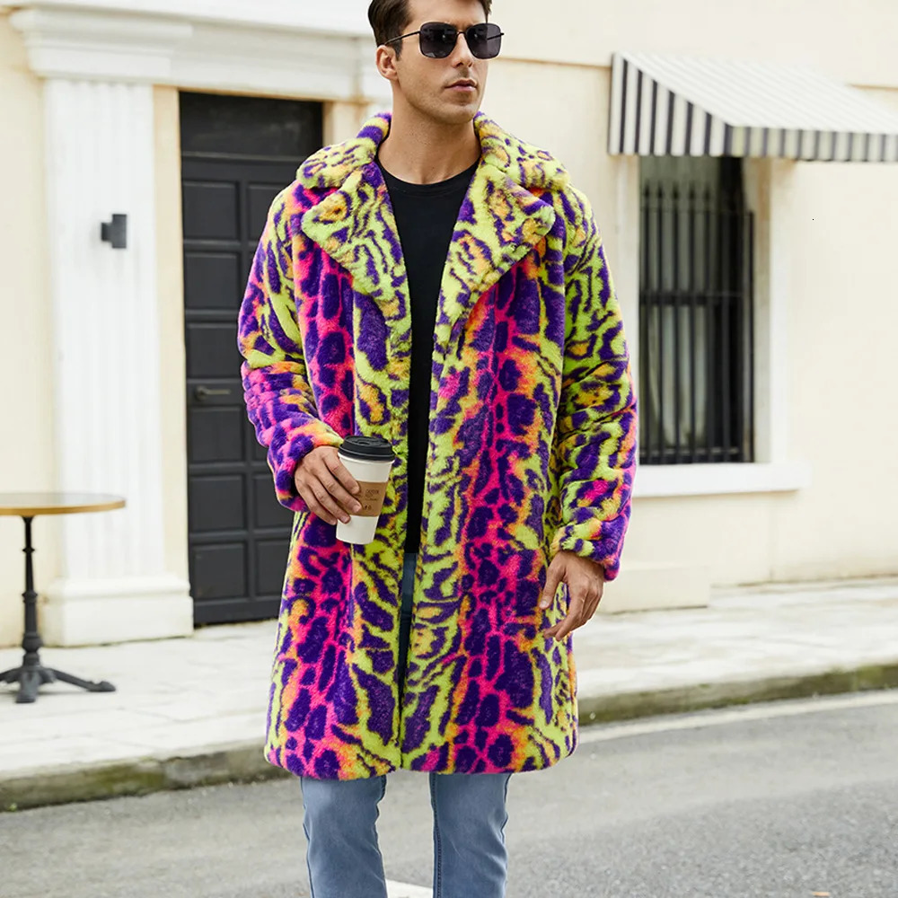 2025 Men Leopard Print Winter Jacket Cardigan Coat Warm Parkas Outwear Thick Faux Fur Plush Fleece Coats Multicolor Overcoat 250107
