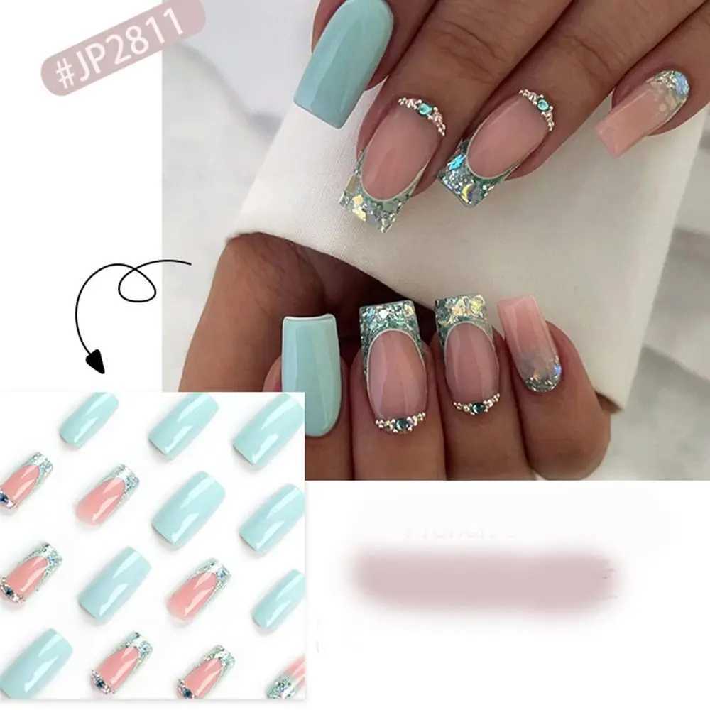 24pcs Long Ballerina Fake Nails Blue Crystal Flowers Pink Bow French False Nails Full Cover Press on Nails DIY DetachableXJ250110
