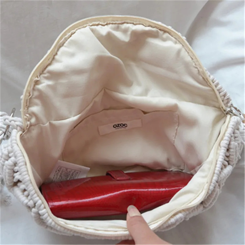 Summer Bohemia Hand Woven Beach Bag With Tassels Cotton Crochet Hollow Out Travel Tote Ethnic Style Handbags Underarm 250107