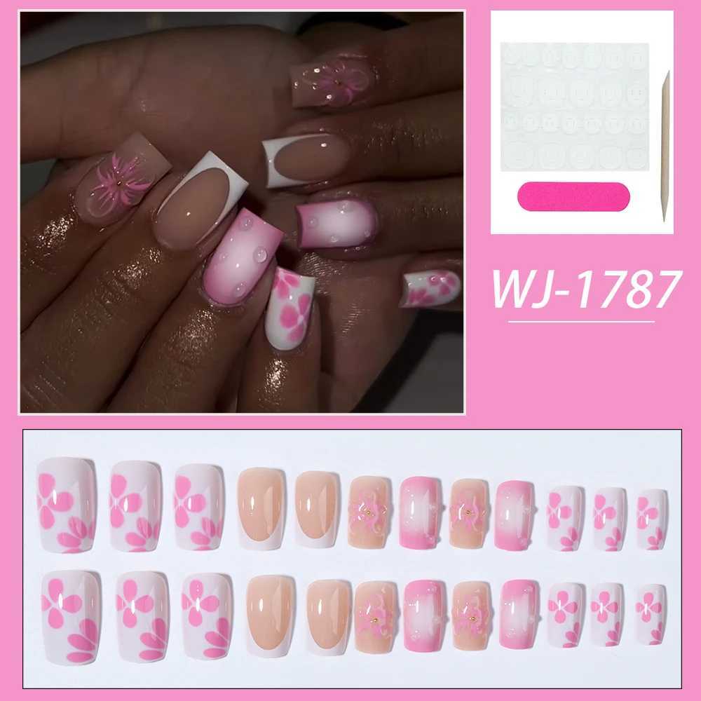 24pcs short and medium false nails square nails colorful painted flowers Water Beads design press on nails removablereusableXJ250110