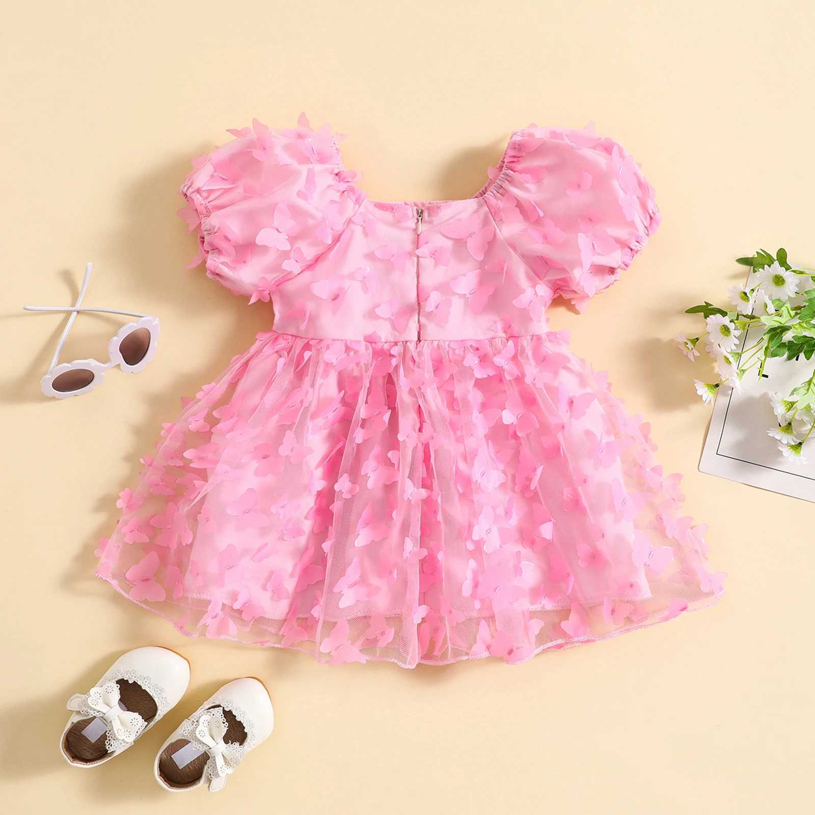 Pudcoco Preschool Baby Girl Summer Princess Dress Mini Bubble Sleeves 3D Butterfly Decorative Chiffon Dress 6M-4T W250111