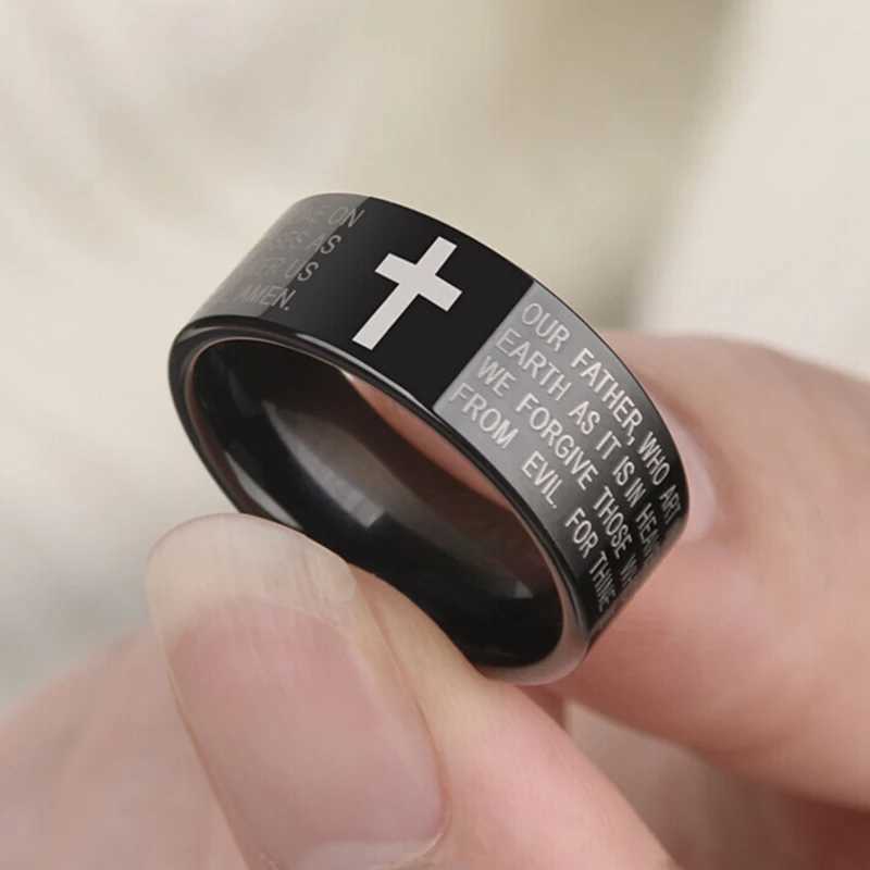 Stainl Steel Black Color Jesus Cross Ring Letter Bible Prayer Finger Rings For Men Bible Cross Rings For Women Jesus JewelryXJ250110