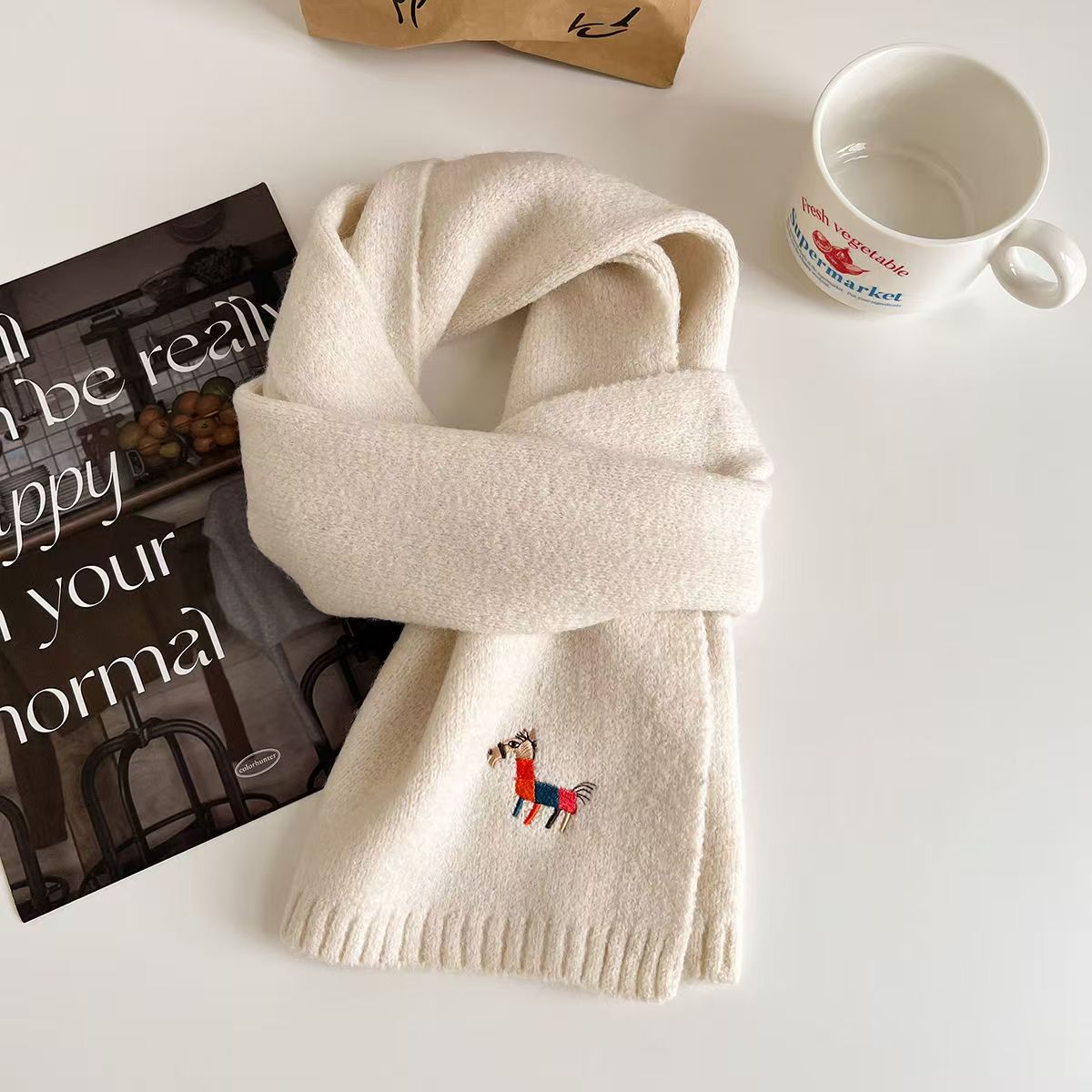 T079 autumn and winter new fashion all-match high-grade pure color scarf cute embroidered pony warm cold-proof scarf
