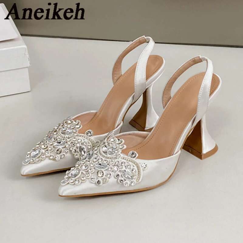Aneikeh Strange Style Pointed Toe High Heels Mules Sandals Summer Fashion Crystal Rhie Party Wedding Banquet Shoes Pumps