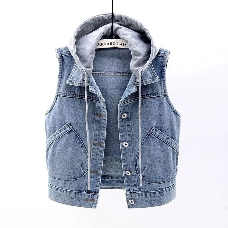 Sleeveless Denim Jacket For Women Korean Fashion Denim Hoodie Designer Jacket Large Cotton Zipper Vest
