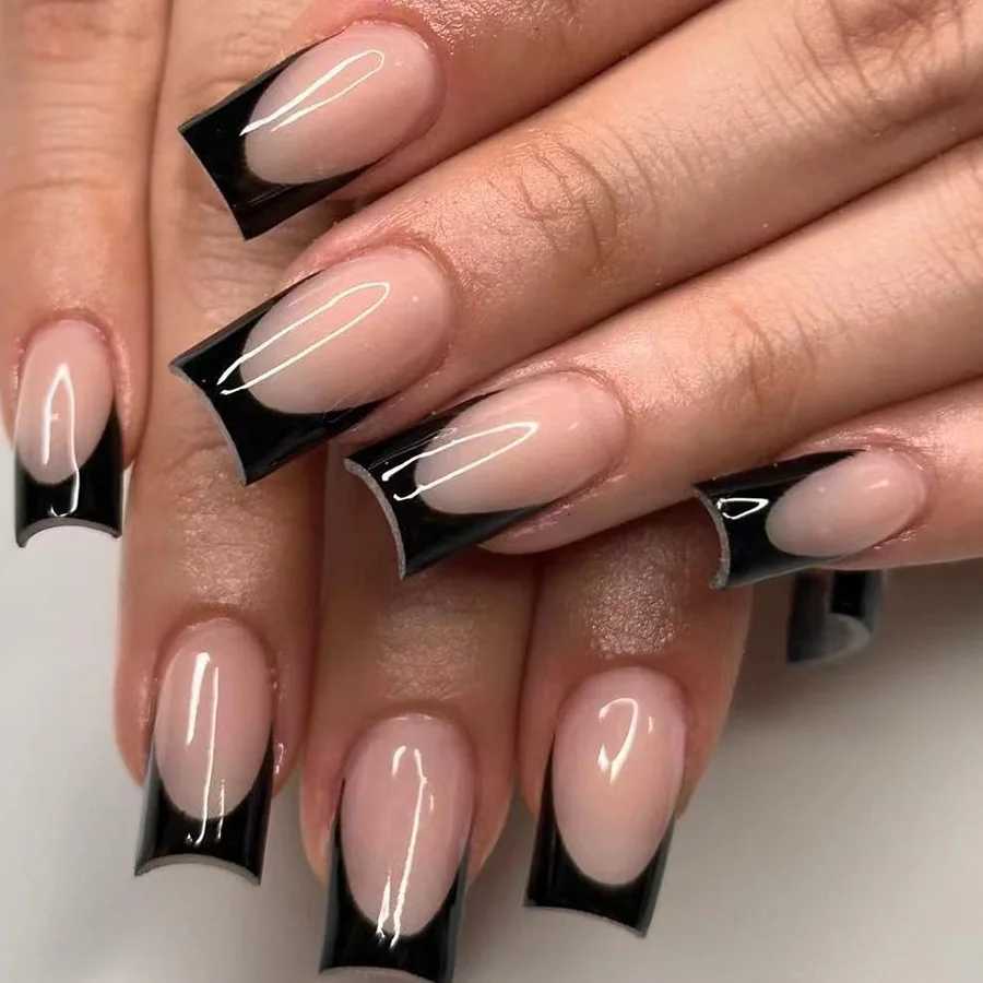 24Pcs Mid-length French Full Cover False Nails Black Bow Design Press on Nails Wearable Simple Ballet Manicure Fake Nail TipsXJ250110