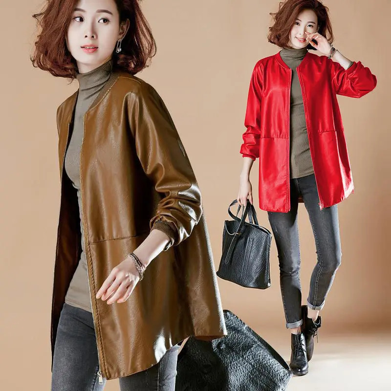 High end Spring and Autumn Leather Coat Womens Trench Slim Large Baseball Jersey Mid length Fashion Casual 250103