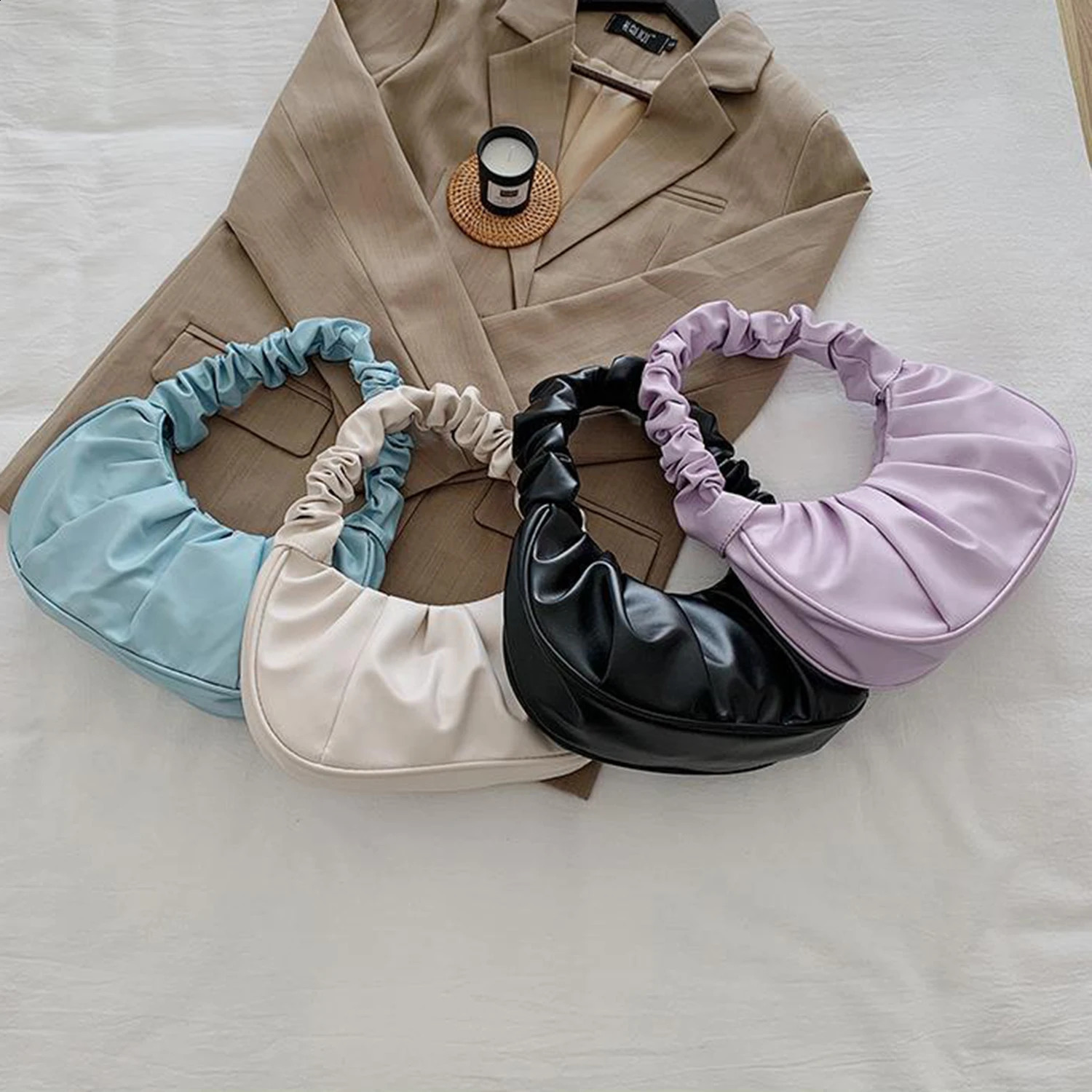 1 PC Summer Pleated Handbags For Women PU Cloud Bags Armpit Bag Shopping Shoulder Bags Dumpling Handbag 250106