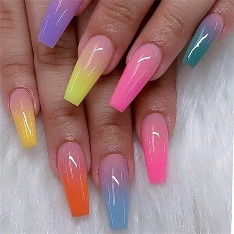 24pcs/bag Long Coffin Fake Nails Rainbow Ballerina Full Cover Nail Art Tips Beauty Artificial False Nails Manicure CharmsXJ250110