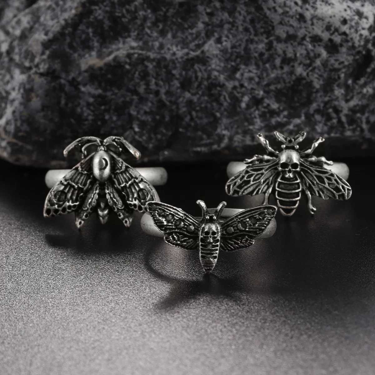 Adjustable Death Moth Skull Ring Set for Men Women - Gothic Vintage Style Fashion AccoriesXJ250110