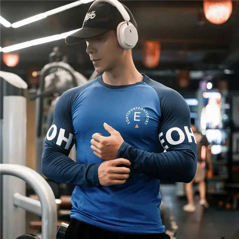Mens T-shirt sports fitness shirt mens long sLeeved T-shirt quick drying breathable tight fitting suitable for training top W250111
