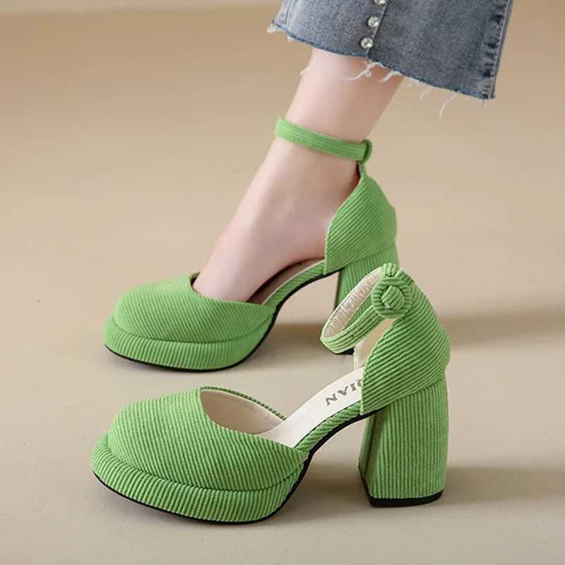 New Arrival Green High Heels Pump Womens Autumn Ankle Shoulder Strap Short Fat Platform Mary Jane Shoes Womens Corduroy Thick High Heels Party Shoes T