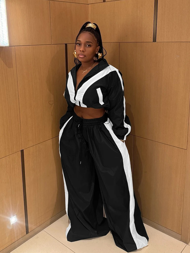 Color Contrast Women Sets Loose Casual Zip Up Jacket with High Waist Drawstring Wide Leg Pants Suit Street Sweatsuit 2 Piece Set 250109