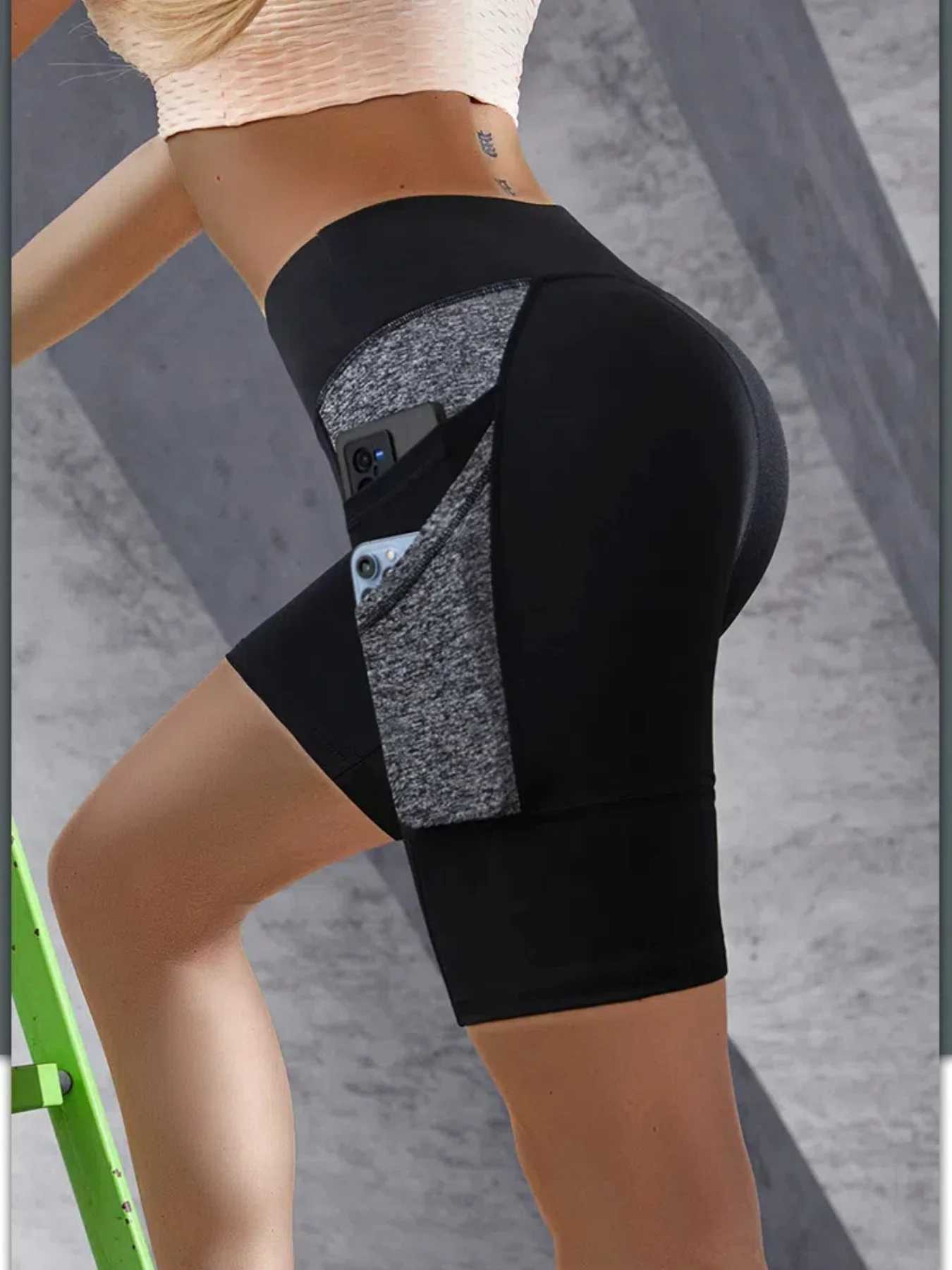 Double Side Pockets Yoga Shorts Colorblocked High Waist Tummy Control Leggings Lift Hips Gym Workout Shorts For WomenXJ250111
