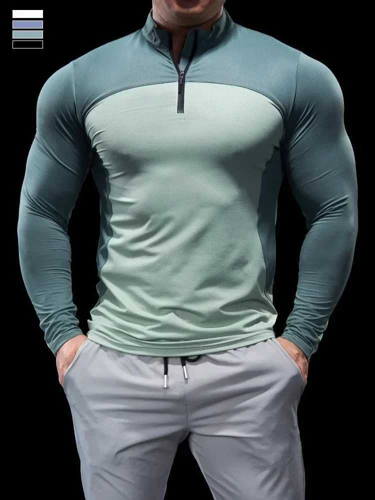 Mens Spring and Autumn Long Sleeve Tight Fitness Clothing Polo Shirt Half Zipper Quick Drying Elastic Exercise Slimming Fitness Top W250111