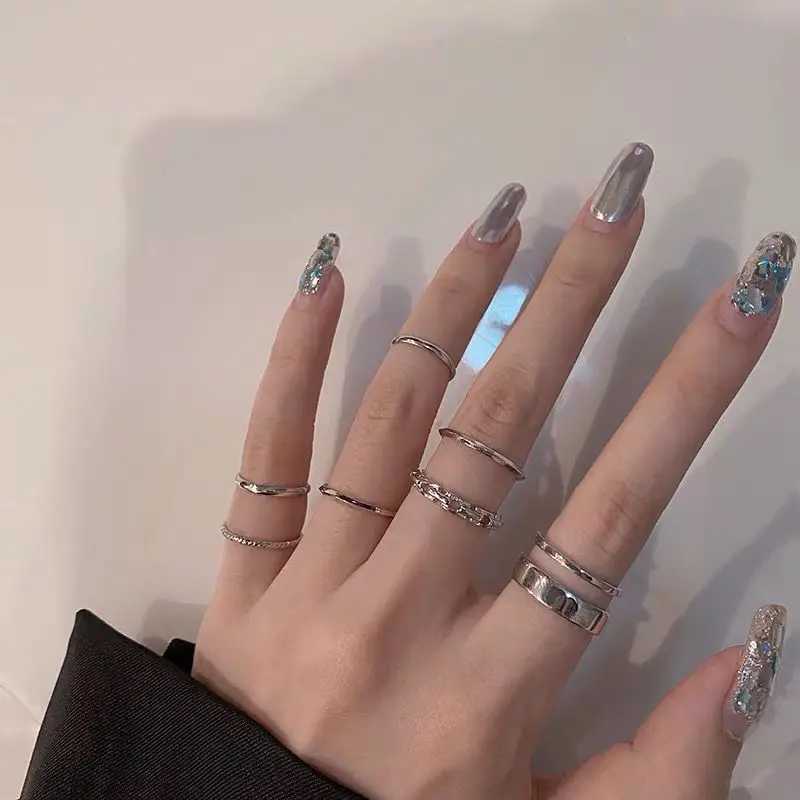 Fashion 7Pcs set punk simple ring womens silver geometric retro joint hip-hop finger ring jewelry niche design ring W250111