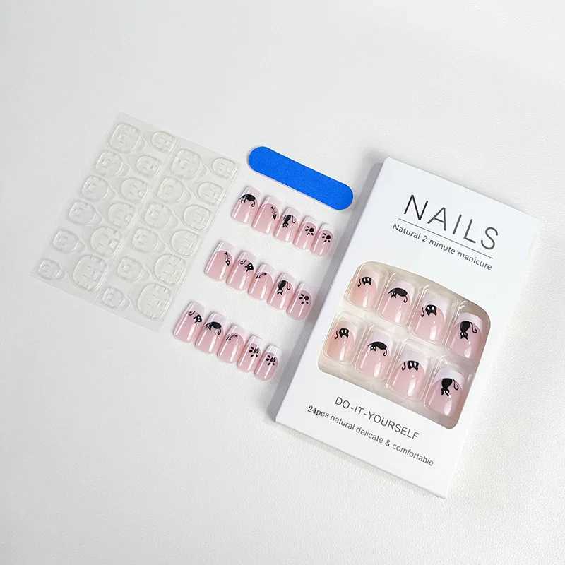 24pcs Square False Nail Pink French Cute Black Cat Design Halloween Style Girl Art Press on Nails with nail tools for Women GiftXJ250110