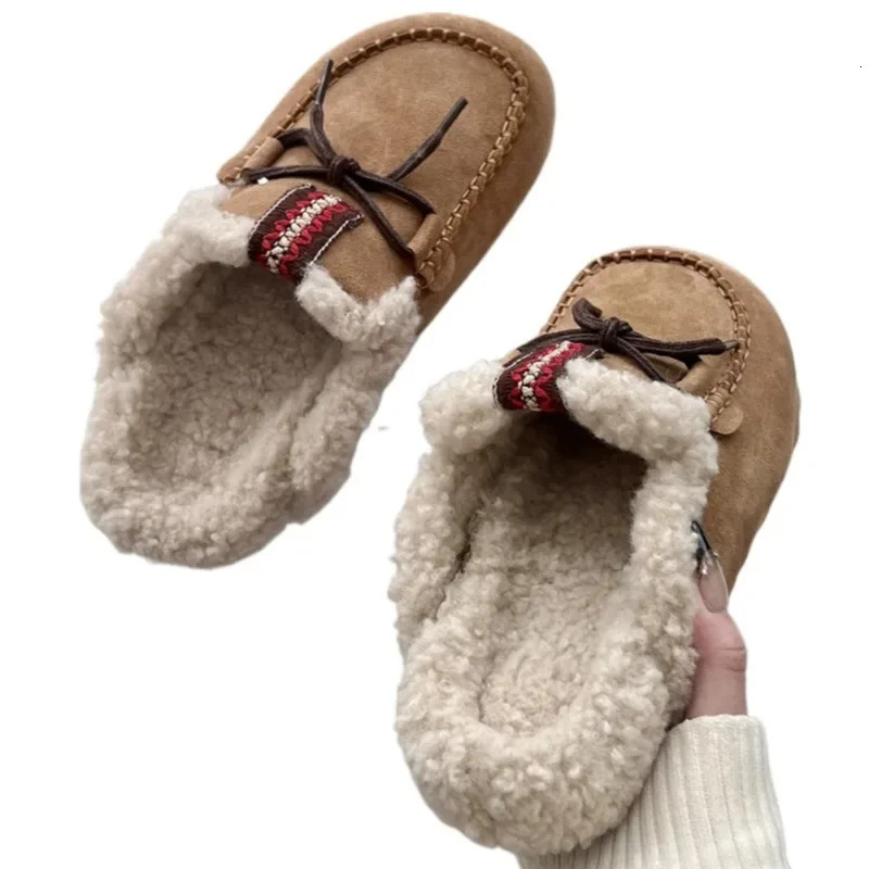 Bow Suede Platform Fur Slippers Women Flats Warm Mules Shoes Plush Cotton Flip Flops 2025 Winter Casual Fashion Women Shoes 250106