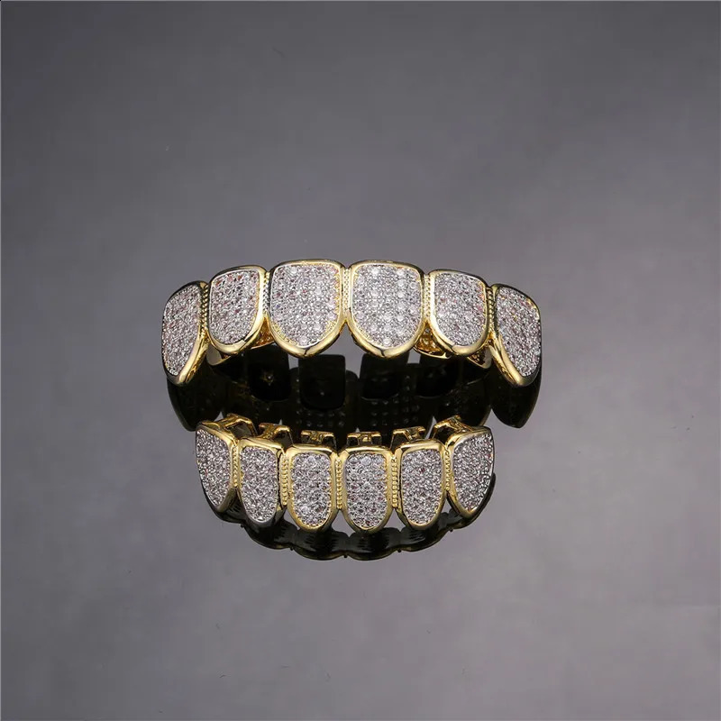 Hip Hop Full Iced Out Teeth Caps Bling Cubic Zircon Micro Pave Top Bottom Charm Grills Set For Men Women Jewelry 250107