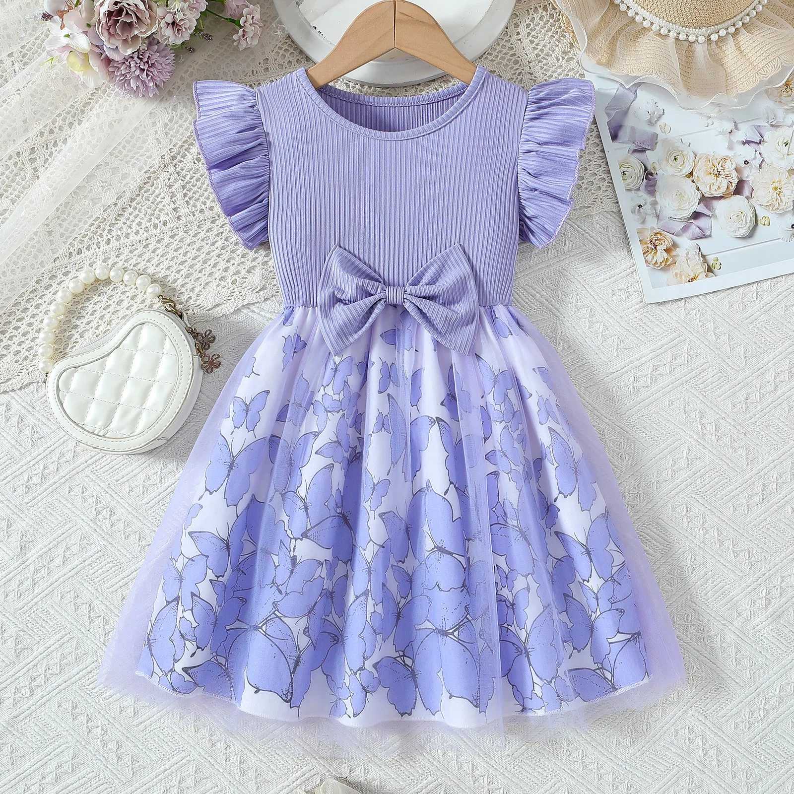 2025 New Womens and Childrens Clothing Green Summer Short sleeved Purple Princess Dress Par Baby Dress Childrens Fashion 1-8Y W250111