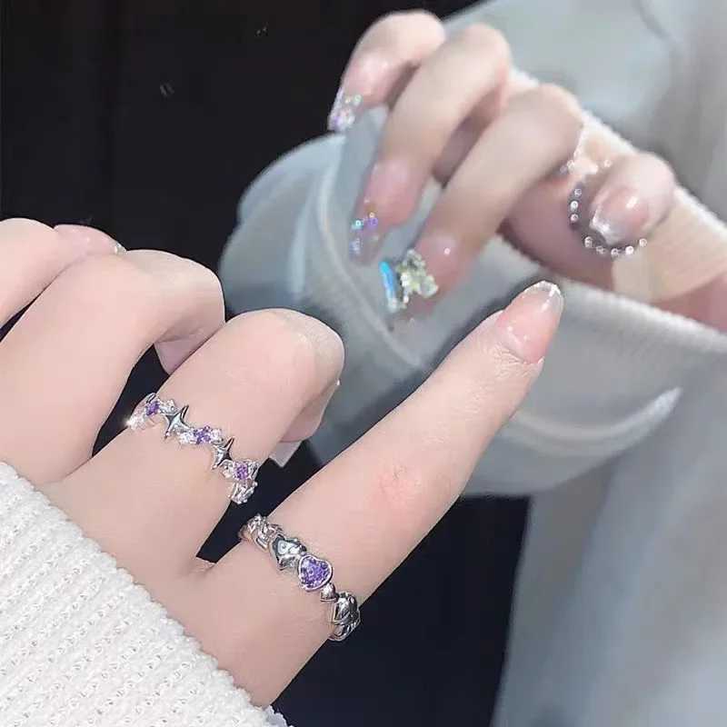 2024 Kpop Pink Zircon Heart Open Ring for Women Girls Luxury Star Heart Couple Finger Rings Wedding Y2K Party Jewelry GiftXJ250110
