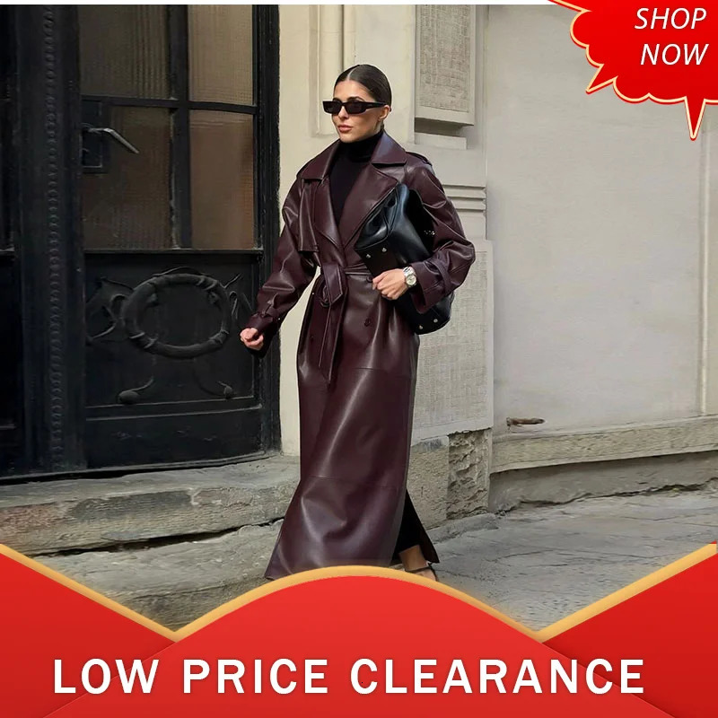 Burgundy Pocket Belt Pu Leather Long Coat For Women Lapel Double Breasted Full Sleeve Overcoat Winter Lady High Street Outerwear 250103