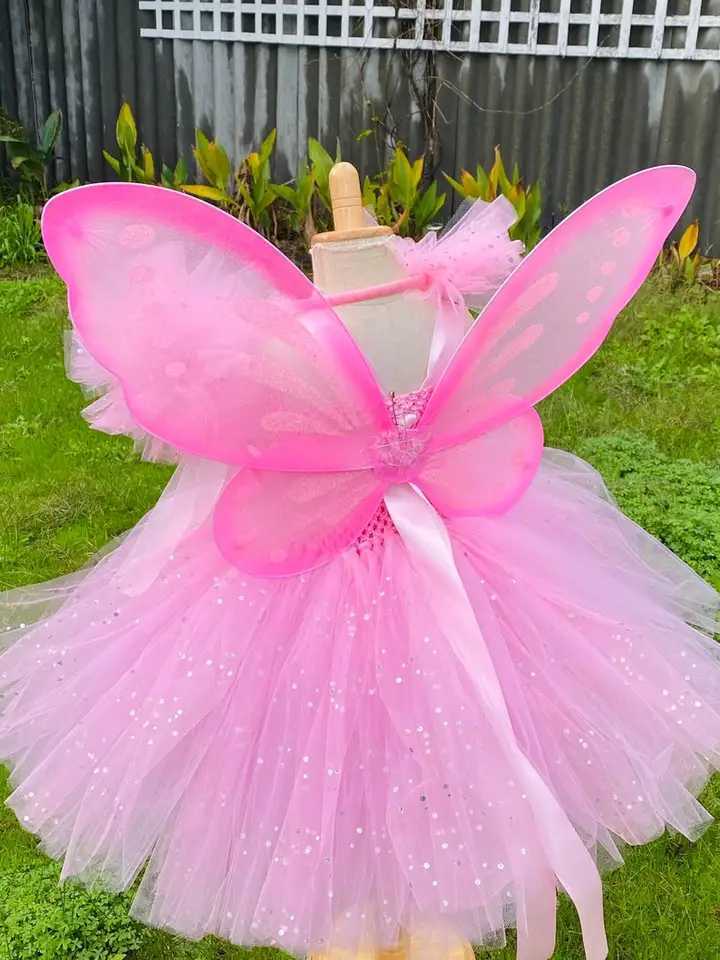 Girl Pink Fairy Dress Childrens Sparkling Picture Flower Dress with Wings and Stick Hair Childrens Birthday Halloween Par Costume W250111