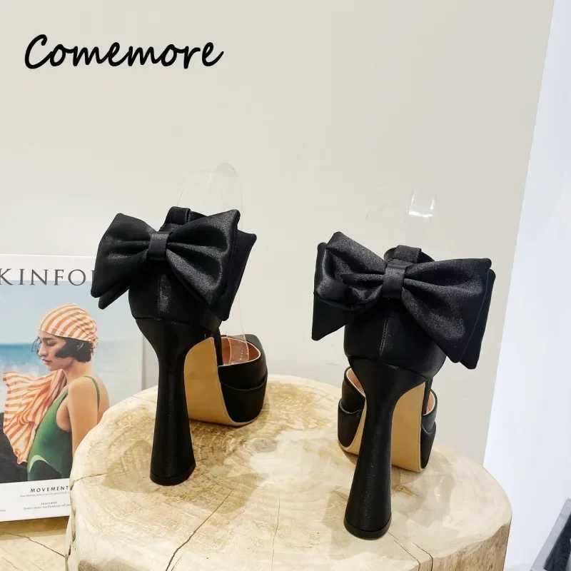 New Arrival Comemore Summer New Fashion Satin Pump High Heels Sandals Bow Buckle Corner Toe Thick High Heels Womens Shoes High Heels T250110